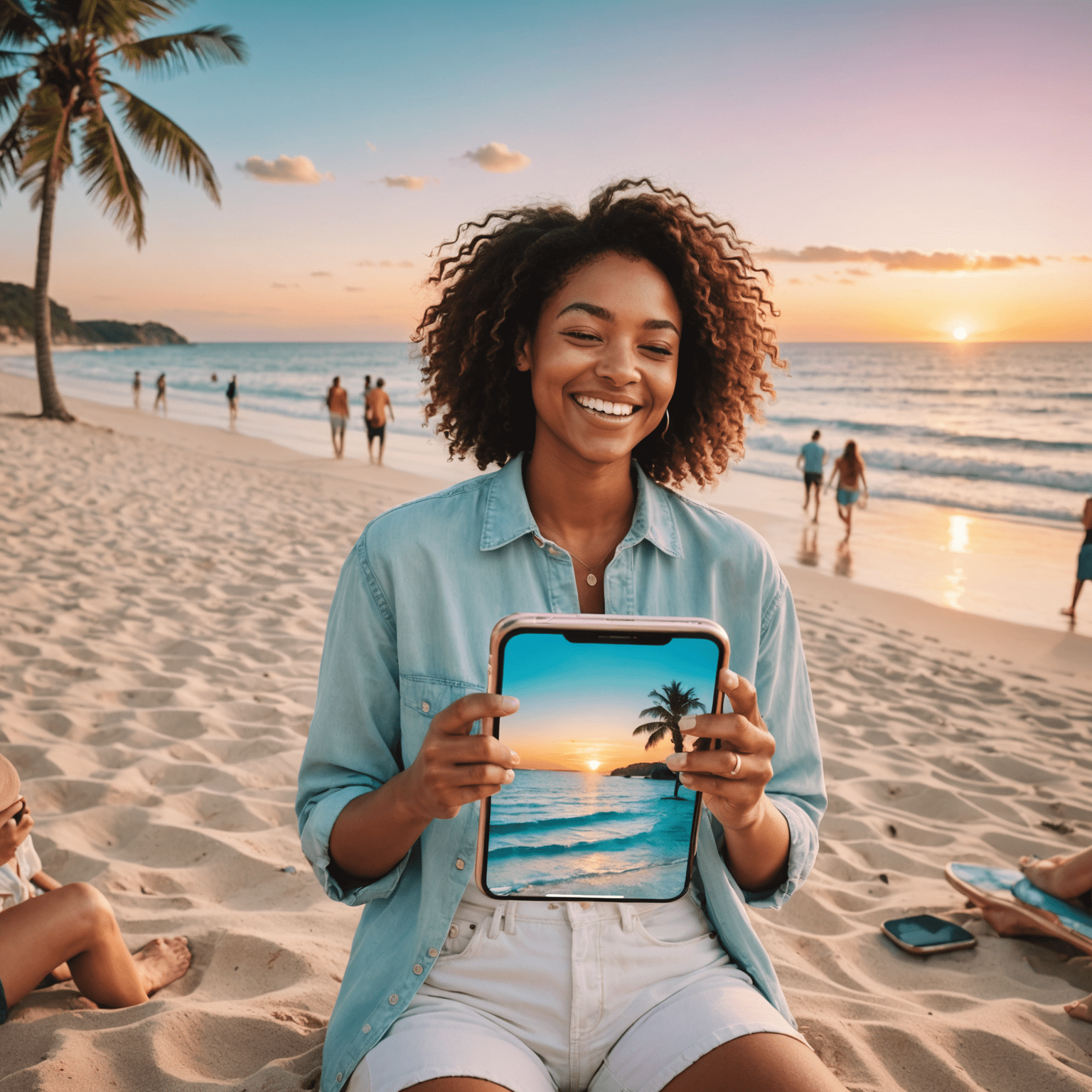 A collage showcasing a beautiful beach sunset, people laughing at memes on their phones, and a graph showing growing vacation benefits, all seamlessly blended in a dreamy, pastel-colored design