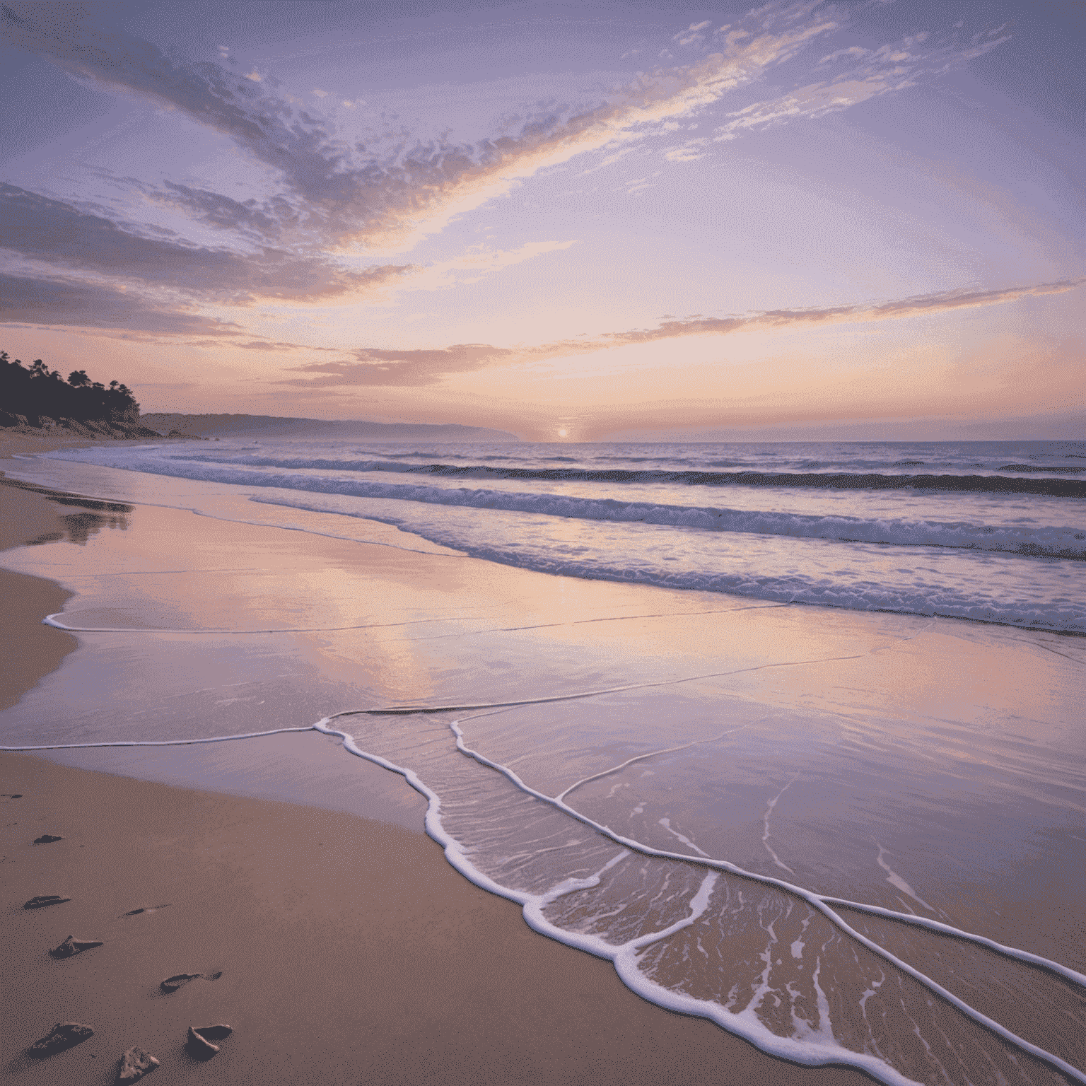 A serene beach scene with gentle waves lapping at the shore, pastel pink and lavender hues in the sky during sunset, showcasing the perfect holiday destination