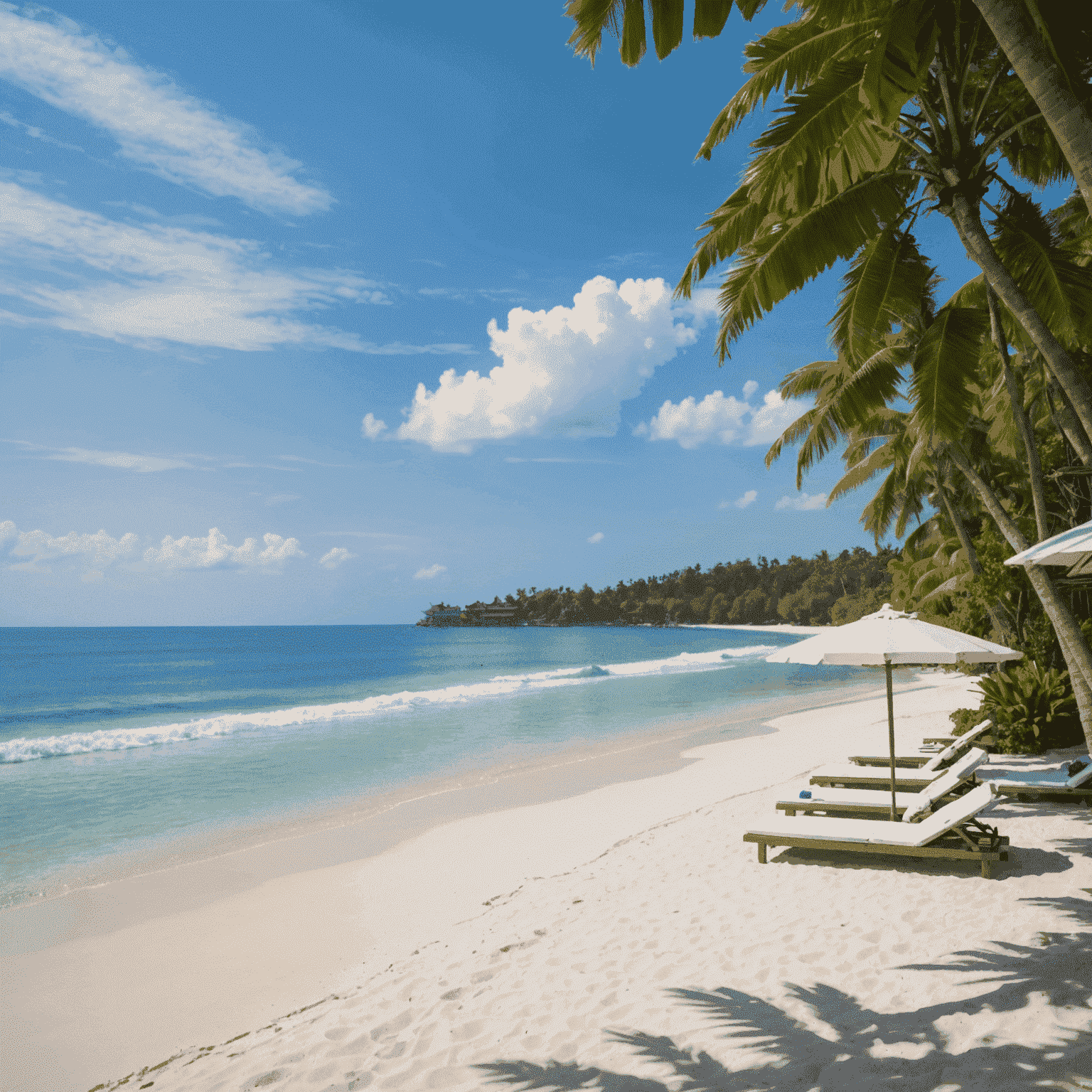 Serene beach in Bali with crystal clear water, white sand, and traditional Balinese umbrellas