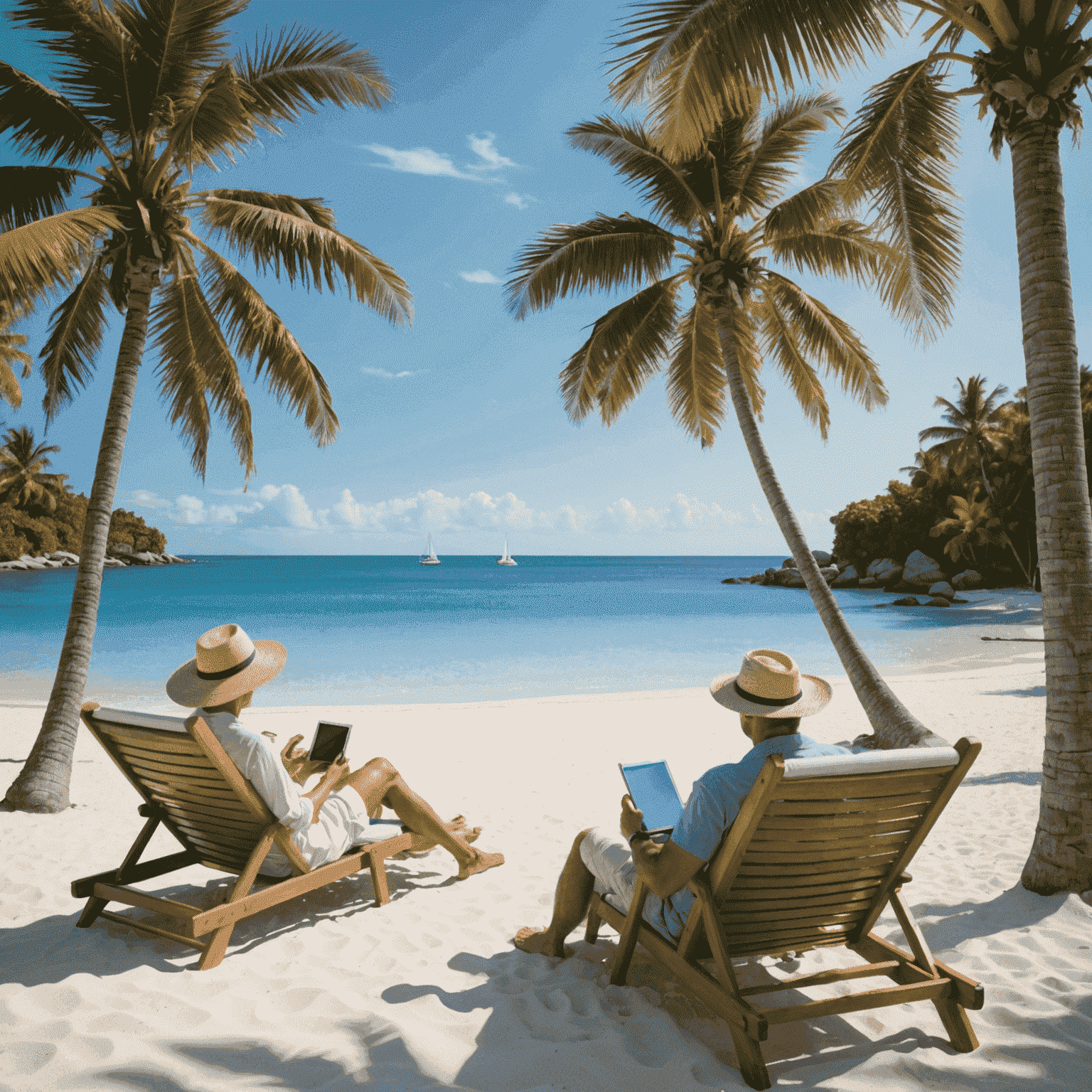 A serene beach scene with crystal clear water, white sand, and palm trees swaying in the breeze. A couple is seen relaxing on lounge chairs, enjoying their dream holiday.