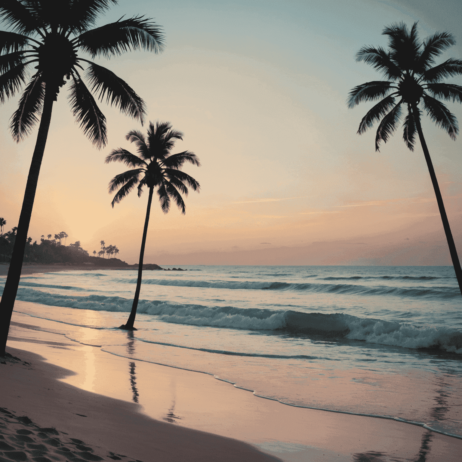 A serene beach scene with gentle waves, pastel sunset, and silhouettes of palm trees. The text 'Sunpunpmeme Services' is elegantly overlaid in a vintage-inspired font.