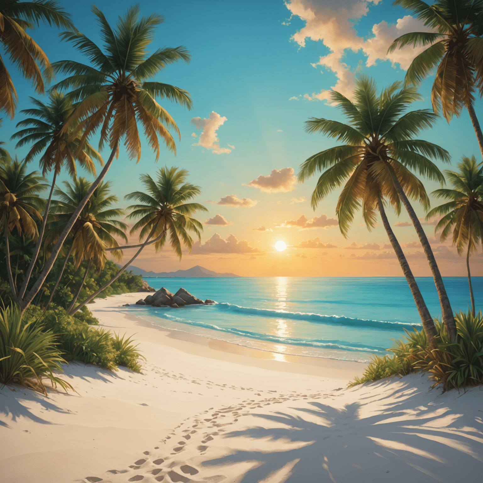 A serene tropical beach with crystal clear turquoise waters, white sand, and palm trees swaying in the gentle breeze. The sun is setting, casting a warm golden glow across the scene.