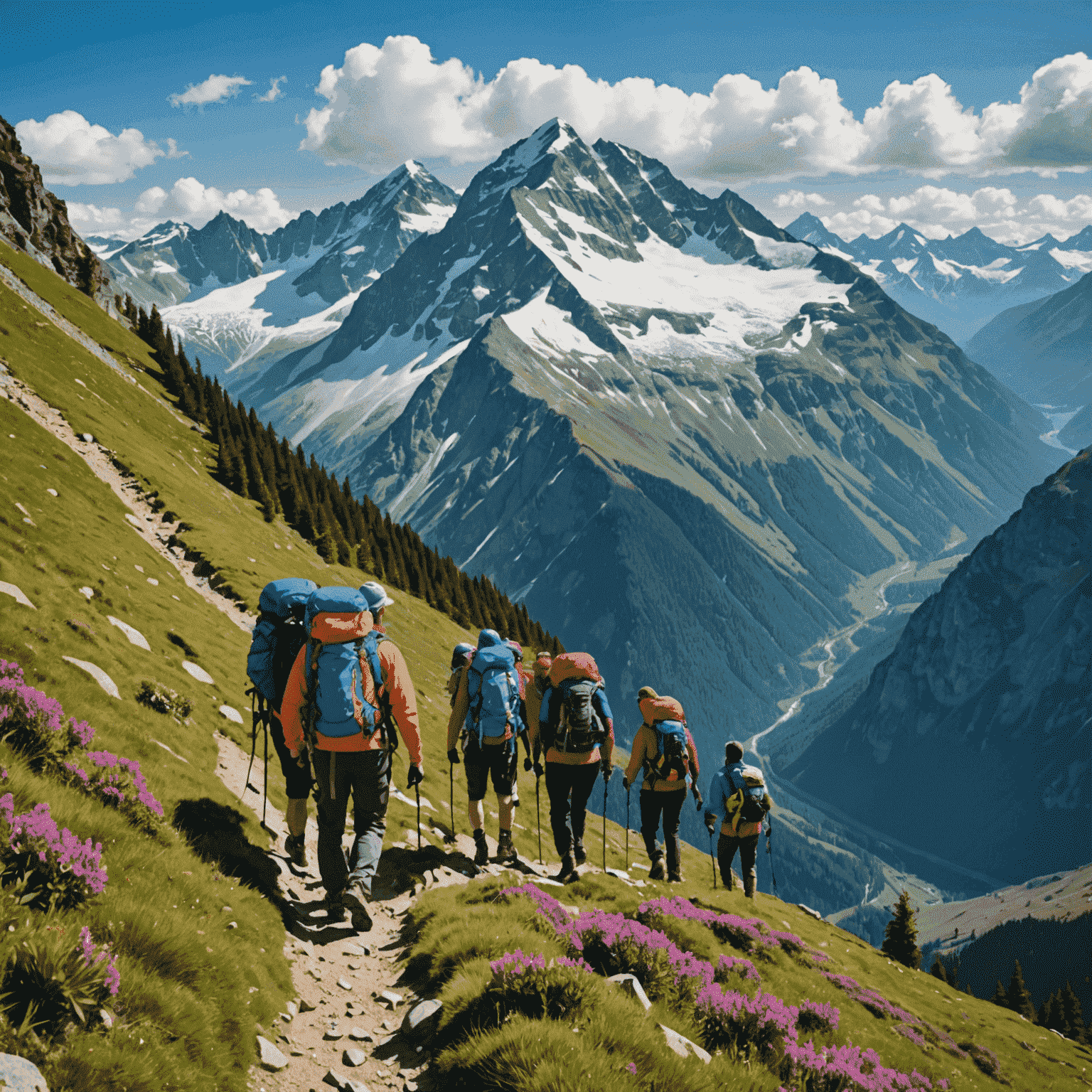 A group of hikers ascending a steep mountain trail with breathtaking views of snow-capped peaks and lush valleys below. The hikers are wearing colorful gear and have determined expressions, embodying the spirit of adventure.