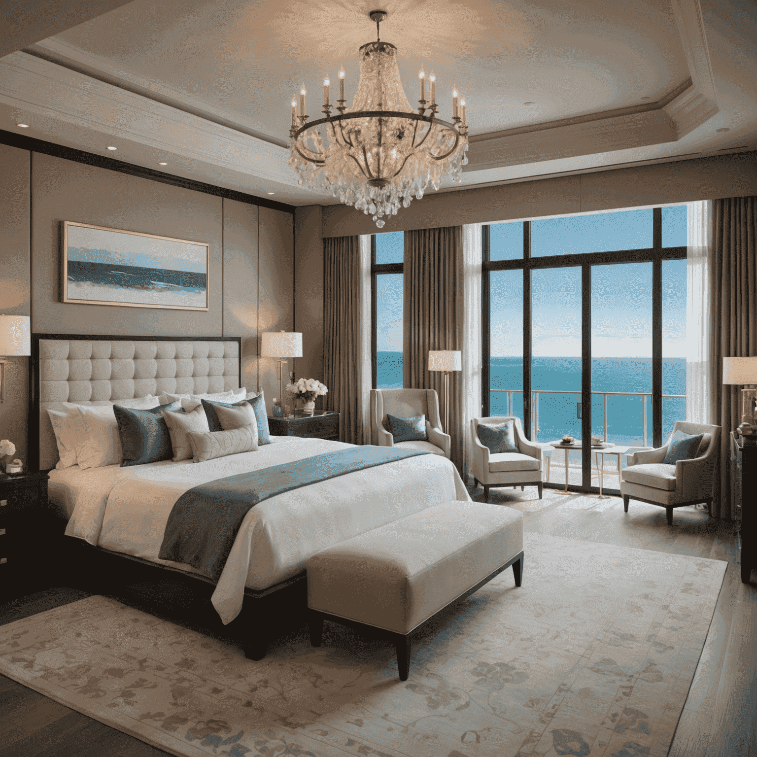 A luxurious suite with a king-size bed, adorned with silk sheets and plush pillows. The room features elegant furnishings, a chandelier, and floor-to-ceiling windows overlooking a breathtaking ocean view.