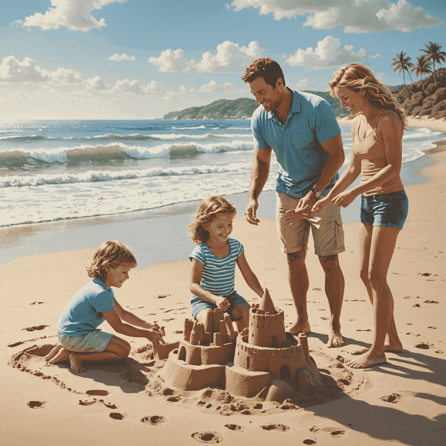 A family of four enjoying a beach vacation, building sandcastles and playing in the waves