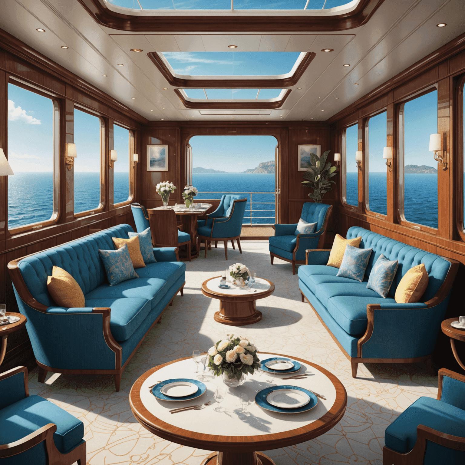 A luxurious ocean liner with multiple decks, swimming pools, and elegant dining areas, sailing through calm blue waters under a sunny sky