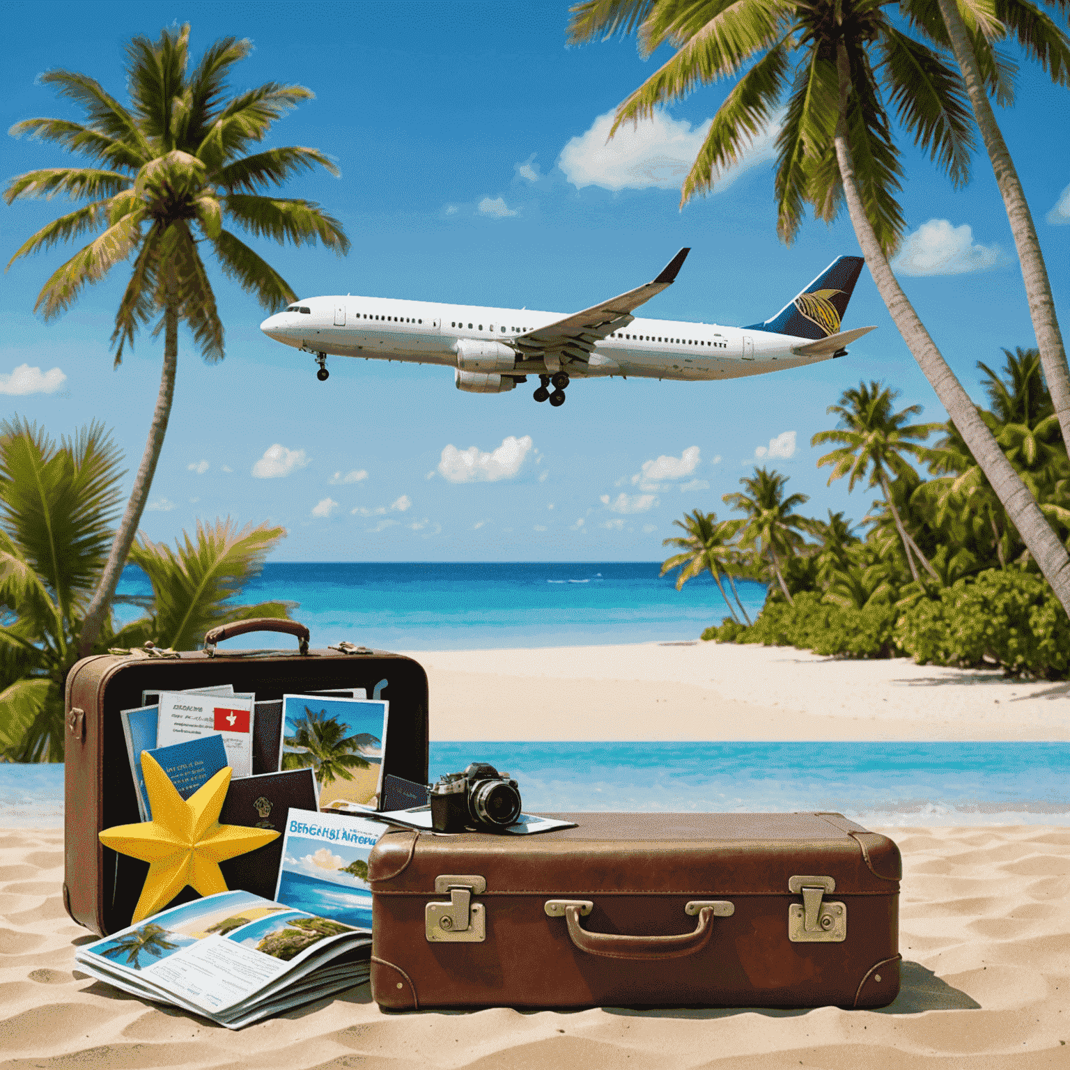 A collage of travel-related images: airplane, suitcase, passport, and a tropical beach, representing breaking travel news and updates