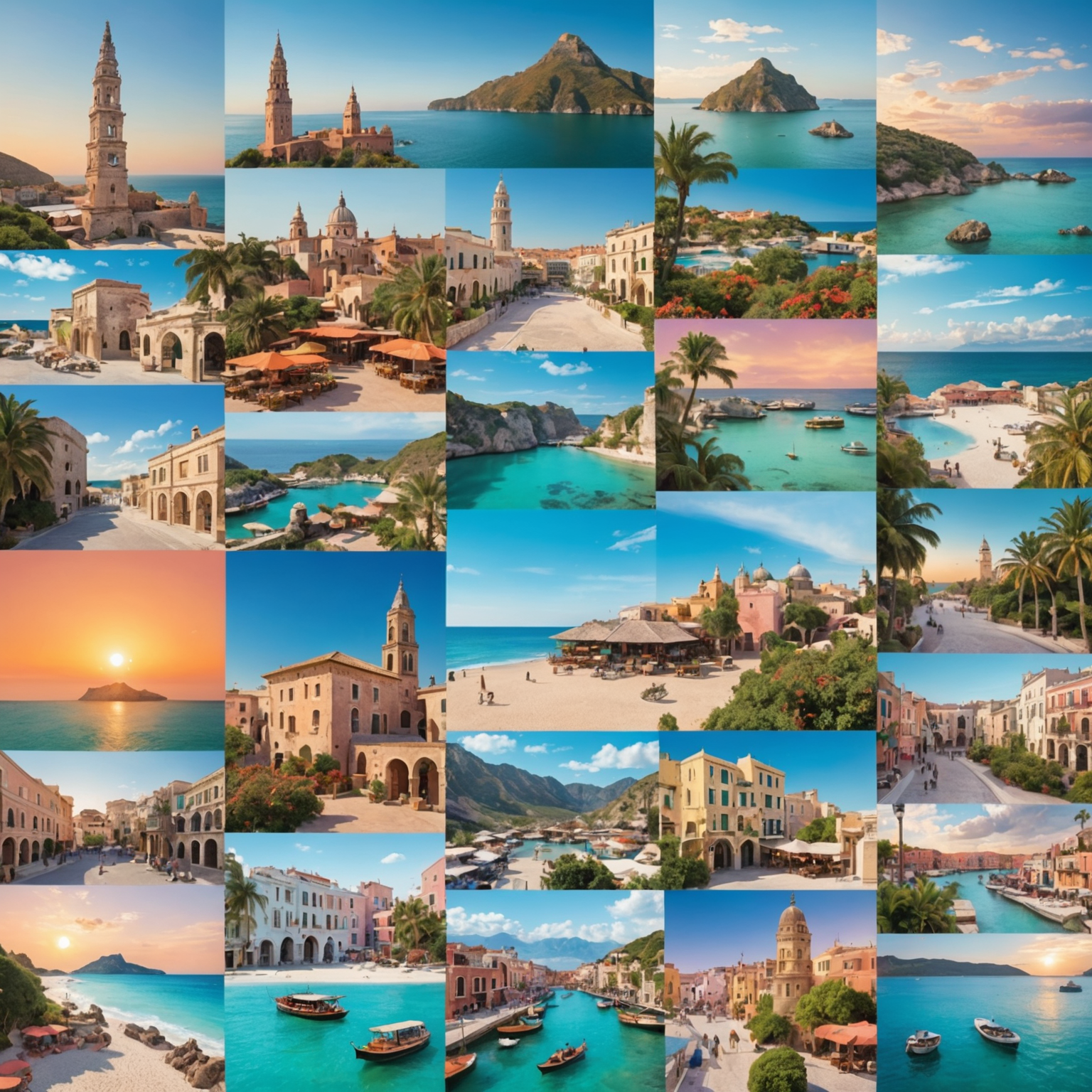 A collage of travel memes featuring popular destinations, with subtle Sunpunpmeme branding in pastel colors