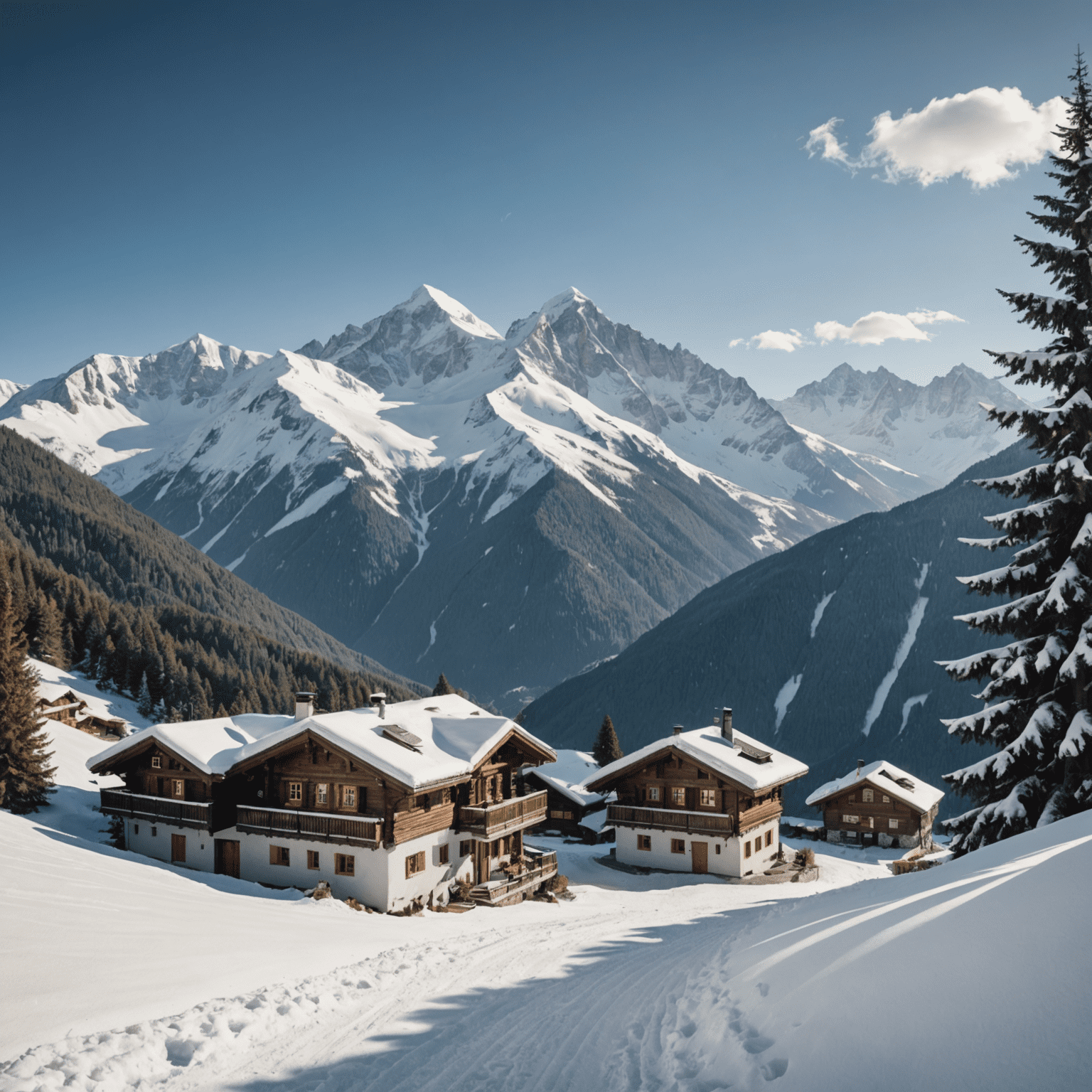 Panoramic view of snow-capped Alpine mountains with a cozy chalet in the foreground