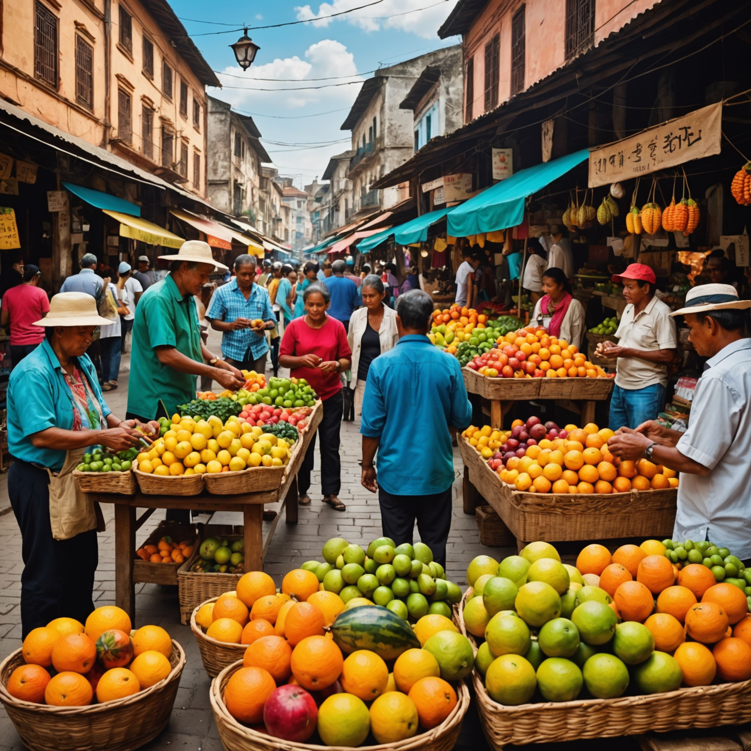 A colorful market scene with locals and tourists interacting, sampling exotic fruits and handmade crafts. The image captures the vibrant atmosphere of cultural exchange.