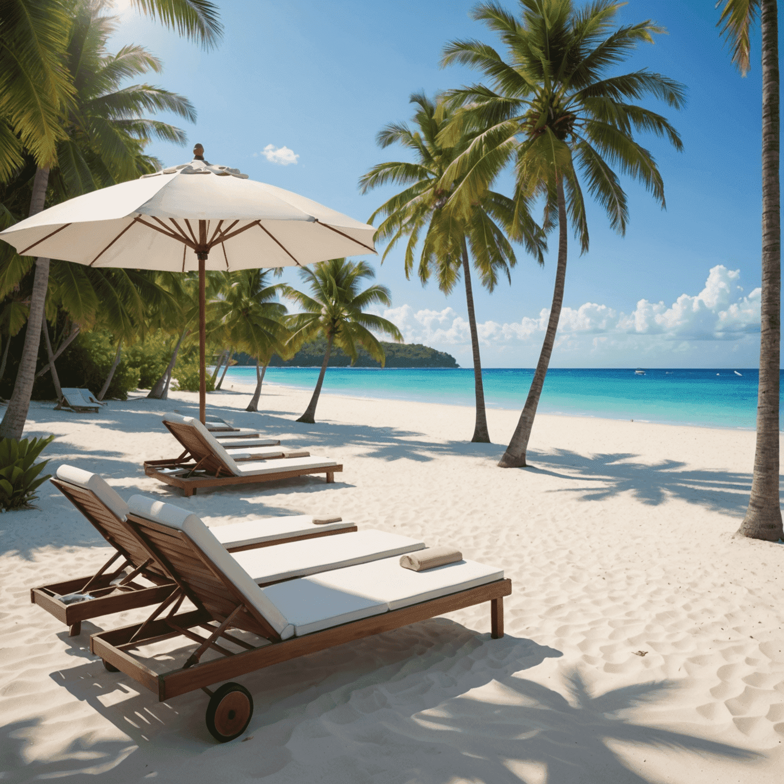 A serene beach with crystal clear water, white sand, and palm trees swaying in the breeze. Sun loungers and umbrellas are scattered along the shoreline, inviting relaxation.