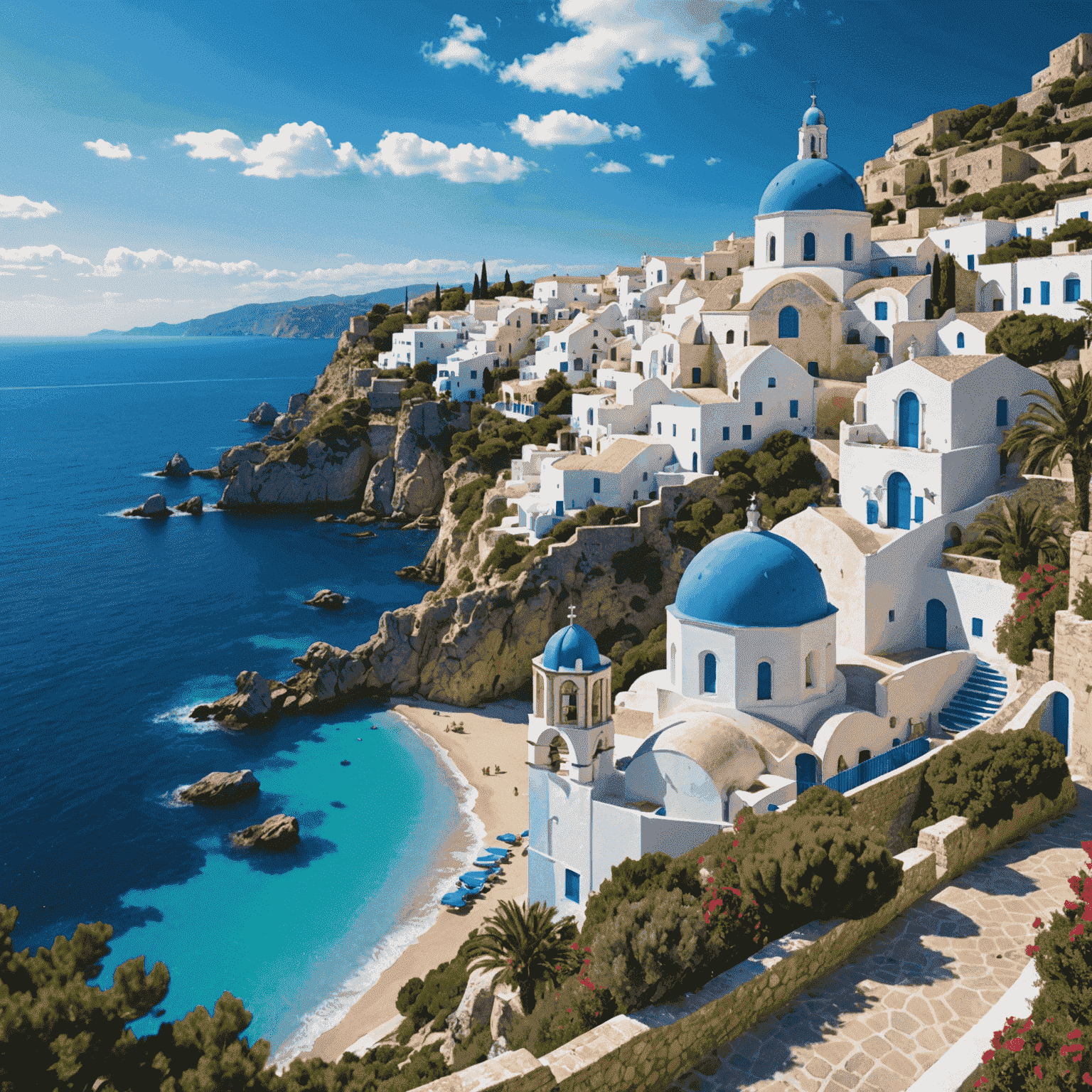 A picturesque Mediterranean coastal town with whitewashed buildings, blue-domed churches, and a stunning beach cove with crystal-clear azure waters.