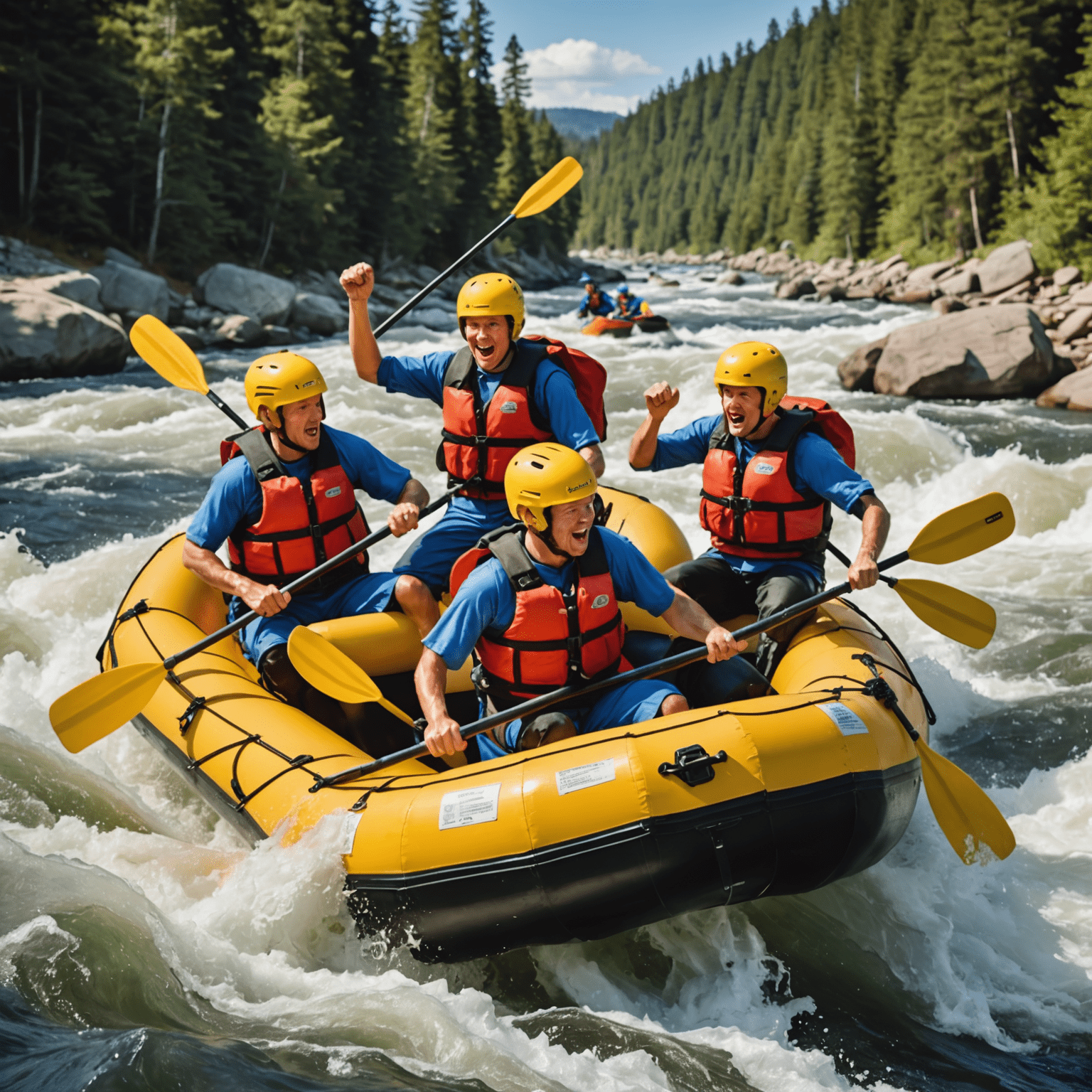 A raft full of enthusiastic adventurers navigating through white water rapids. The participants are wearing helmets and life jackets, their faces showing a mix of excitement and concentration as they paddle through the churning water.