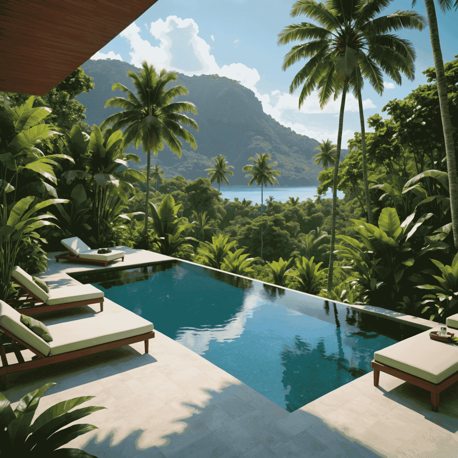 A private infinity pool overlooking a lush tropical landscape, with comfortable lounge chairs and a small bar area nearby.