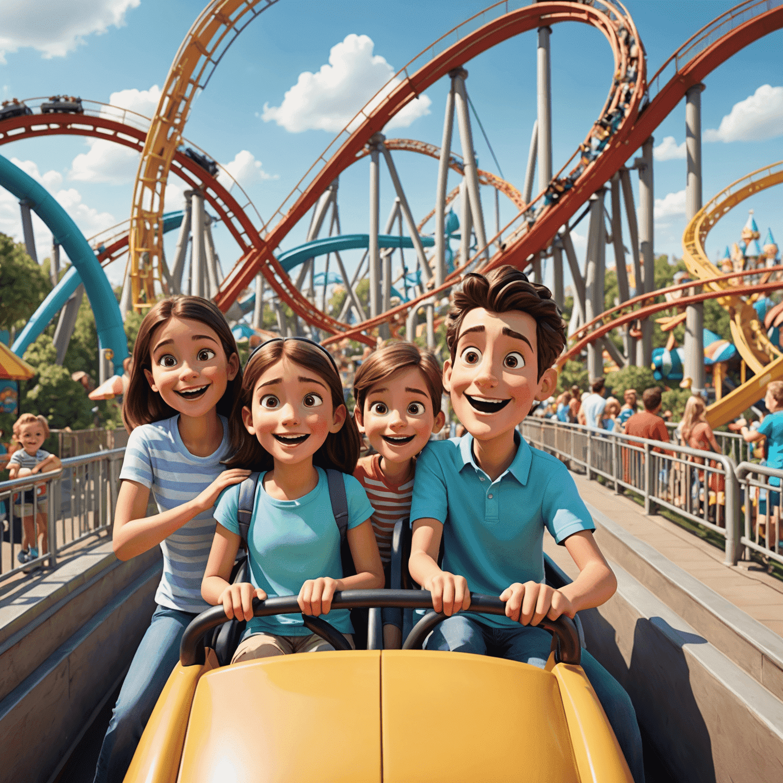 A family exploring a theme park with roller coasters and cartoon characters in the background