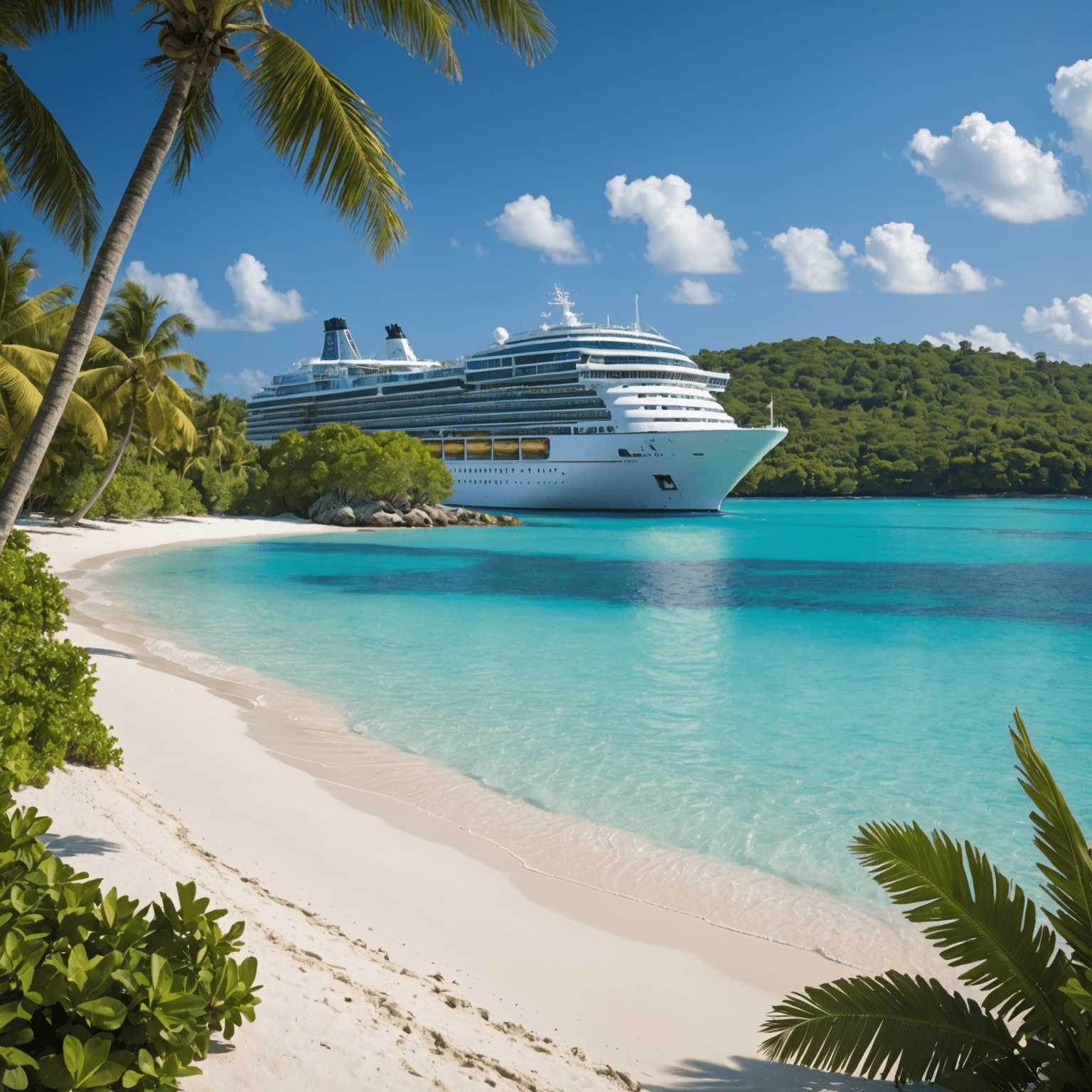 A cruise ship anchored near a pristine Caribbean beach with crystal clear turquoise waters, white sand, and lush tropical vegetation