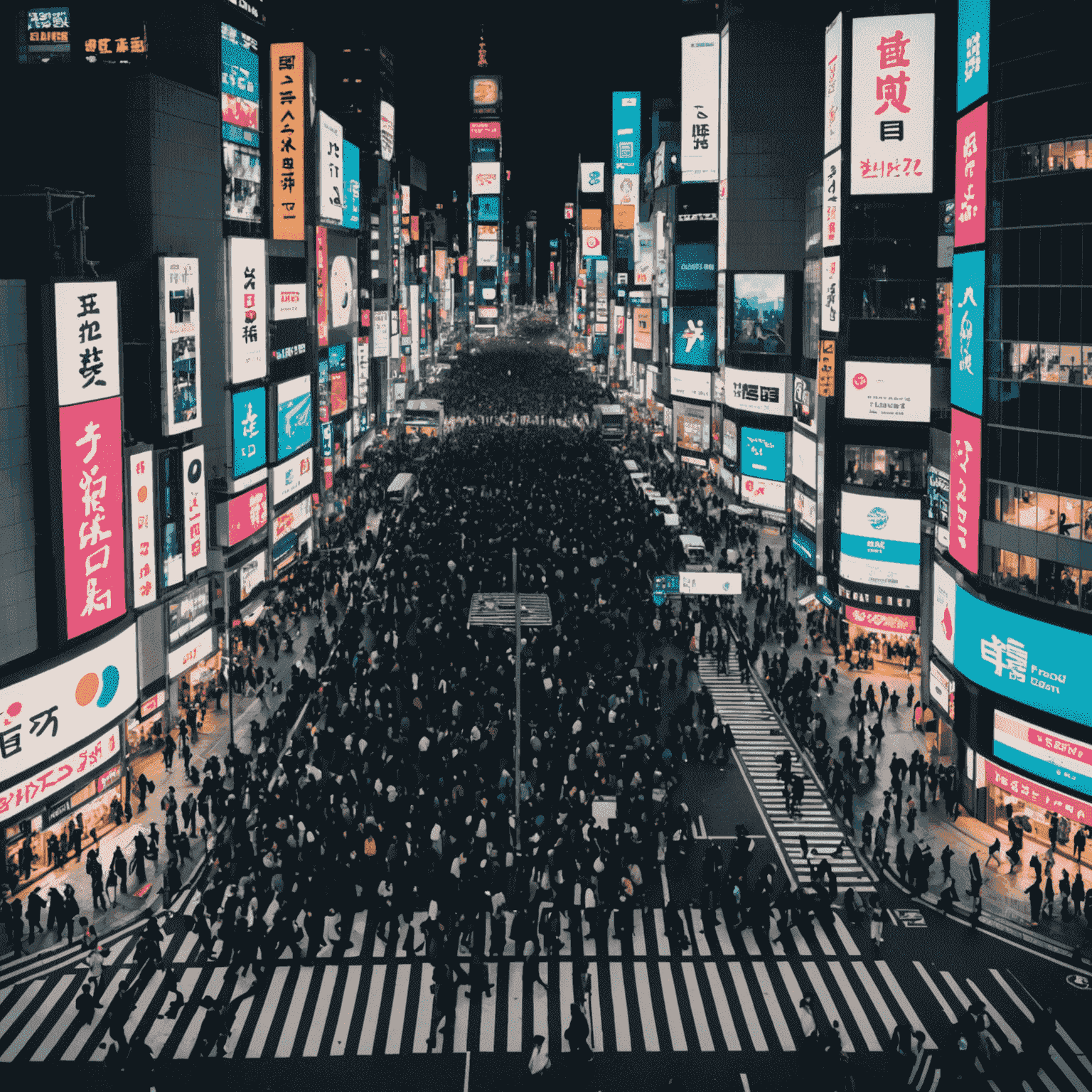 Bustling Shibuya Crossing in Tokyo at night with neon lights and crowds