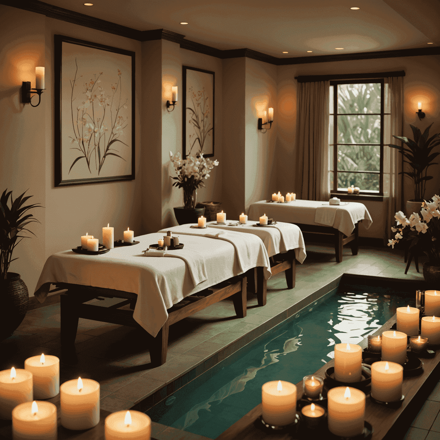 A luxurious spa setting with candles, flowers, and massage tables. The image evokes a sense of tranquility and relaxation, perfect for rejuvenation during a dream holiday.