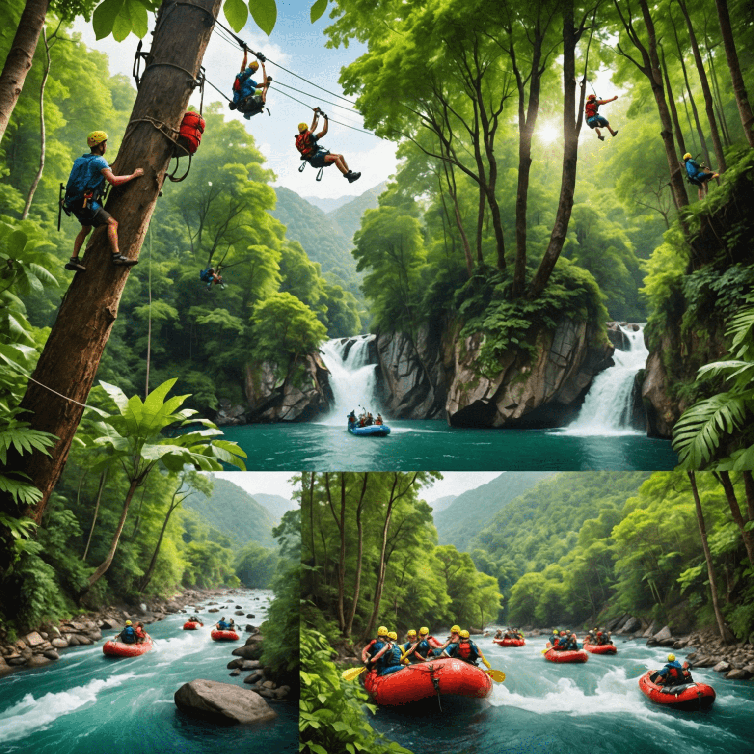 A collage of adventure activities including mountain climbing, white water rafting, and zip-lining through a lush forest canopy. The image conveys excitement and adrenaline.