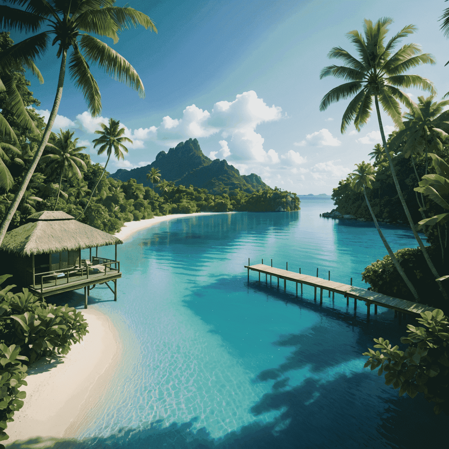 A secluded beach with overwater bungalows extending into a calm lagoon. The water is a gradient of blues, and lush tropical vegetation surrounds the area.