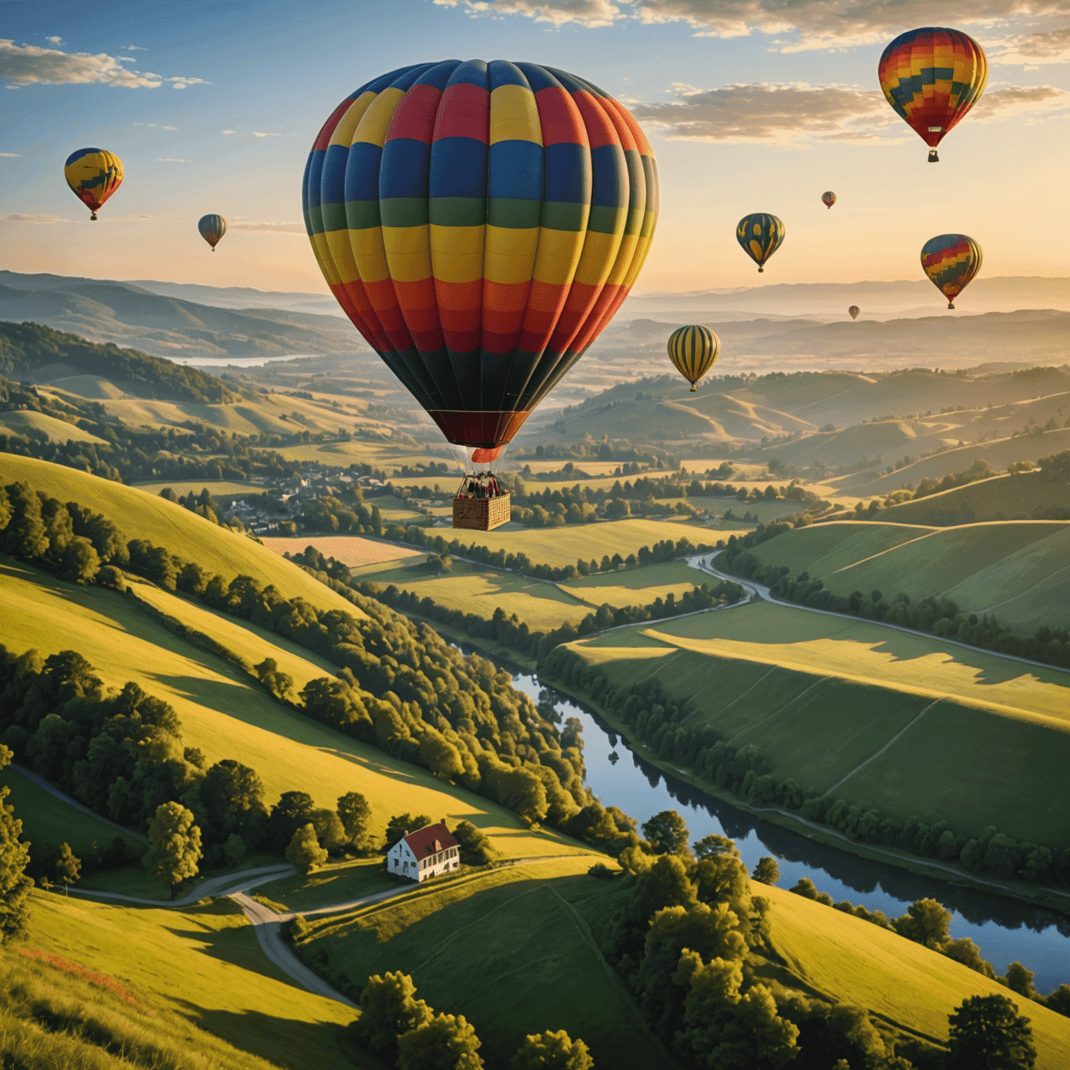 A colorful hot air balloon floating peacefully above a picturesque landscape at sunrise. The basket is filled with smiling passengers taking in the panoramic views of rolling hills, forests, and perhaps a distant cityscape.