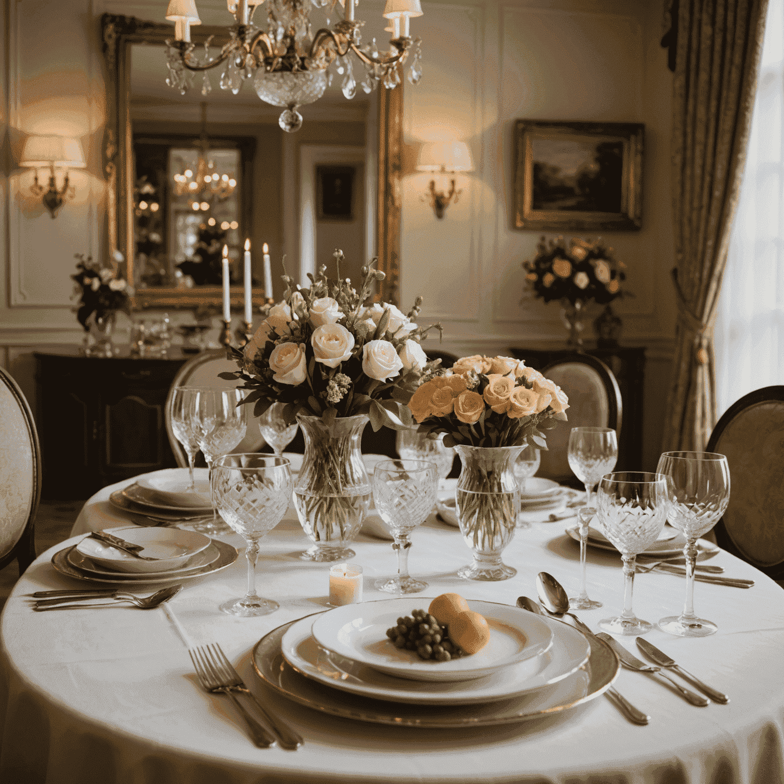 An elegant dining room with a beautifully set table, featuring fine china, crystal glassware, and fresh flowers. A chef is preparing gourmet dishes in the background.