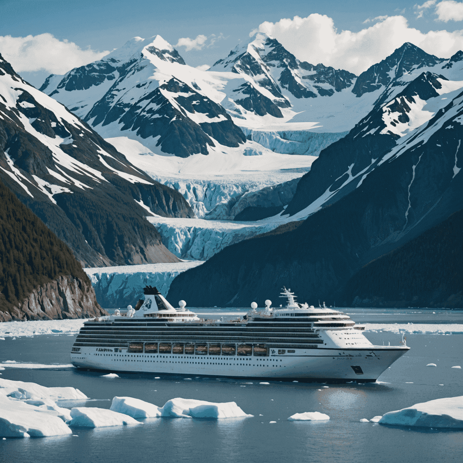 A cruise ship navigating through icy Alaskan waters, surrounded by snow-capped mountains, glaciers, and wildlife such as whales and eagles