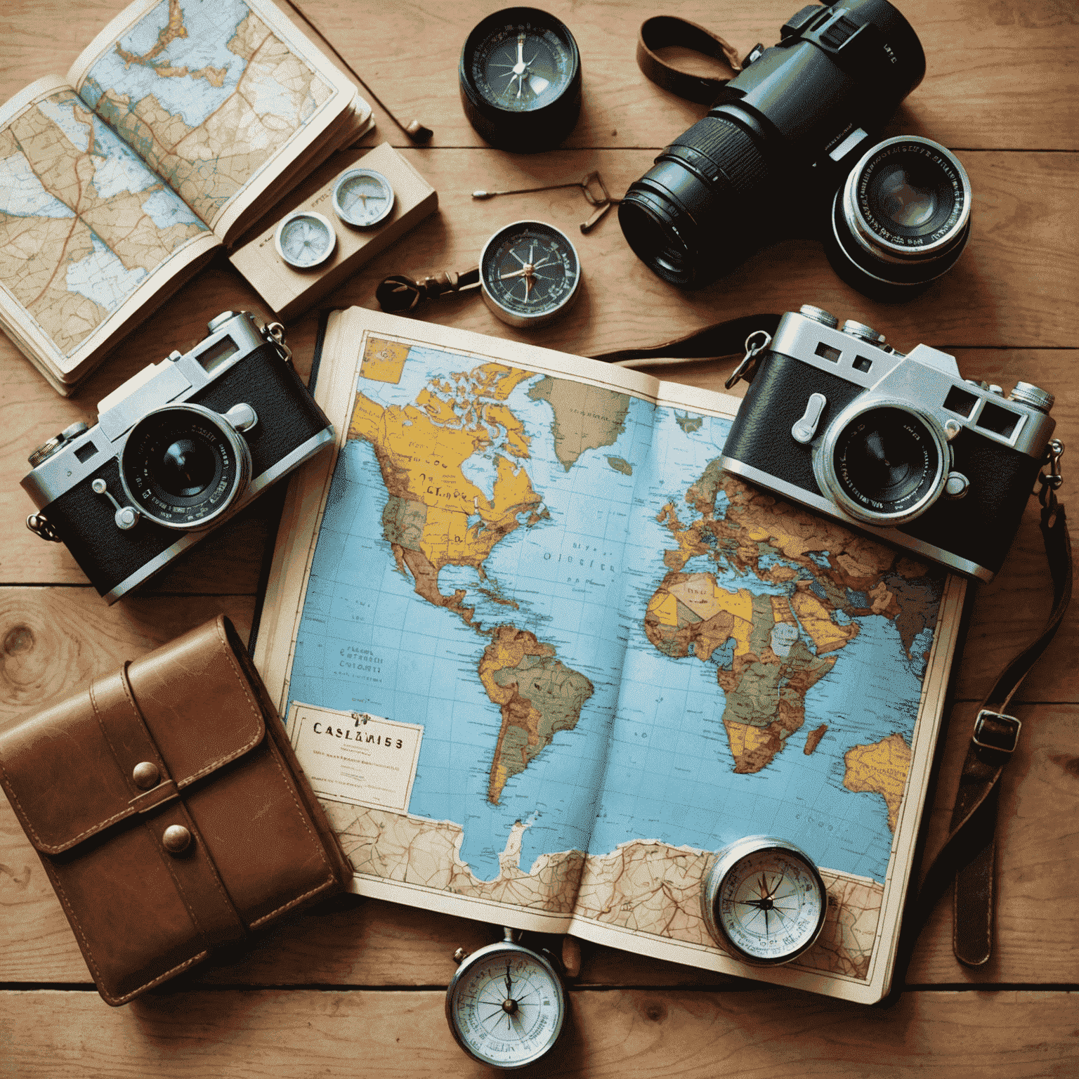 A collection of travel essentials: map, compass, camera, and guidebook, symbolizing expert travel advice and tips