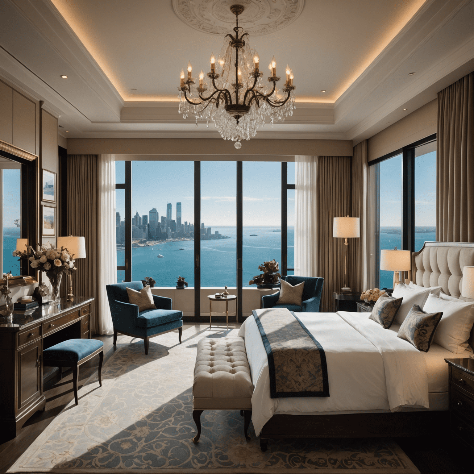 An opulent hotel suite with a four-poster bed, chandelier, and floor-to-ceiling windows overlooking a breathtaking cityscape or ocean view. The room exudes elegance and comfort.