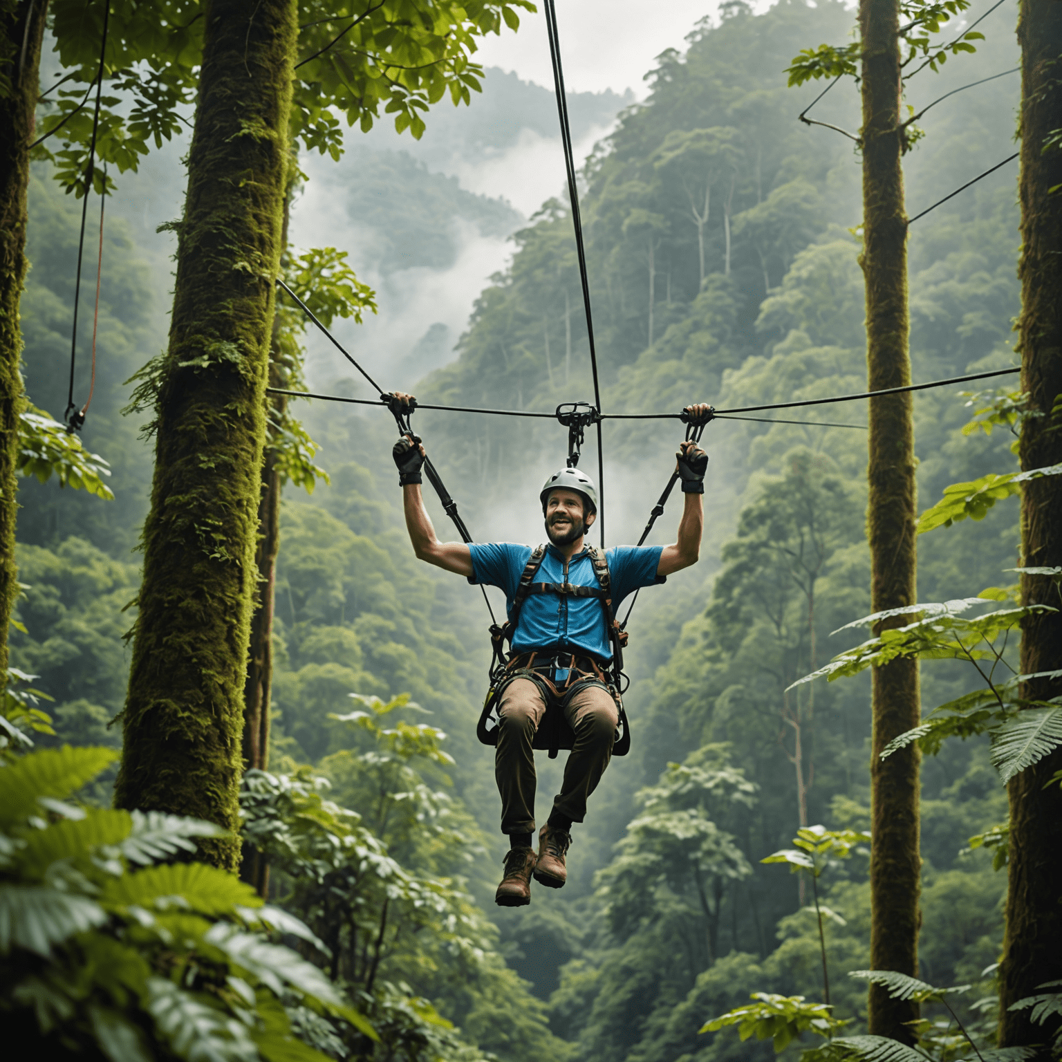 An adventurer zipping through a lush forest canopy on a zip line. The person is securely harnessed and wearing a helmet, arms outstretched in excitement as they glide between towering trees with a backdrop of misty mountains.