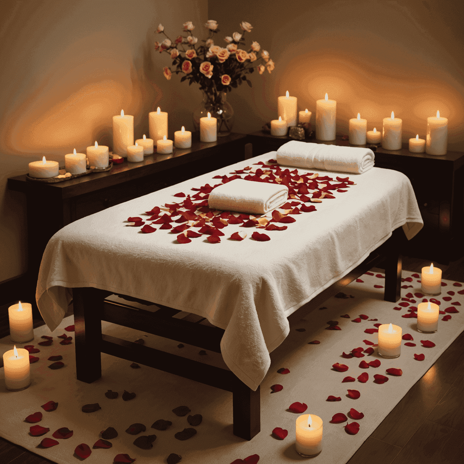 A serene spa setting with soft lighting, featuring a massage table adorned with rose petals, aromatic candles, and luxurious towels.