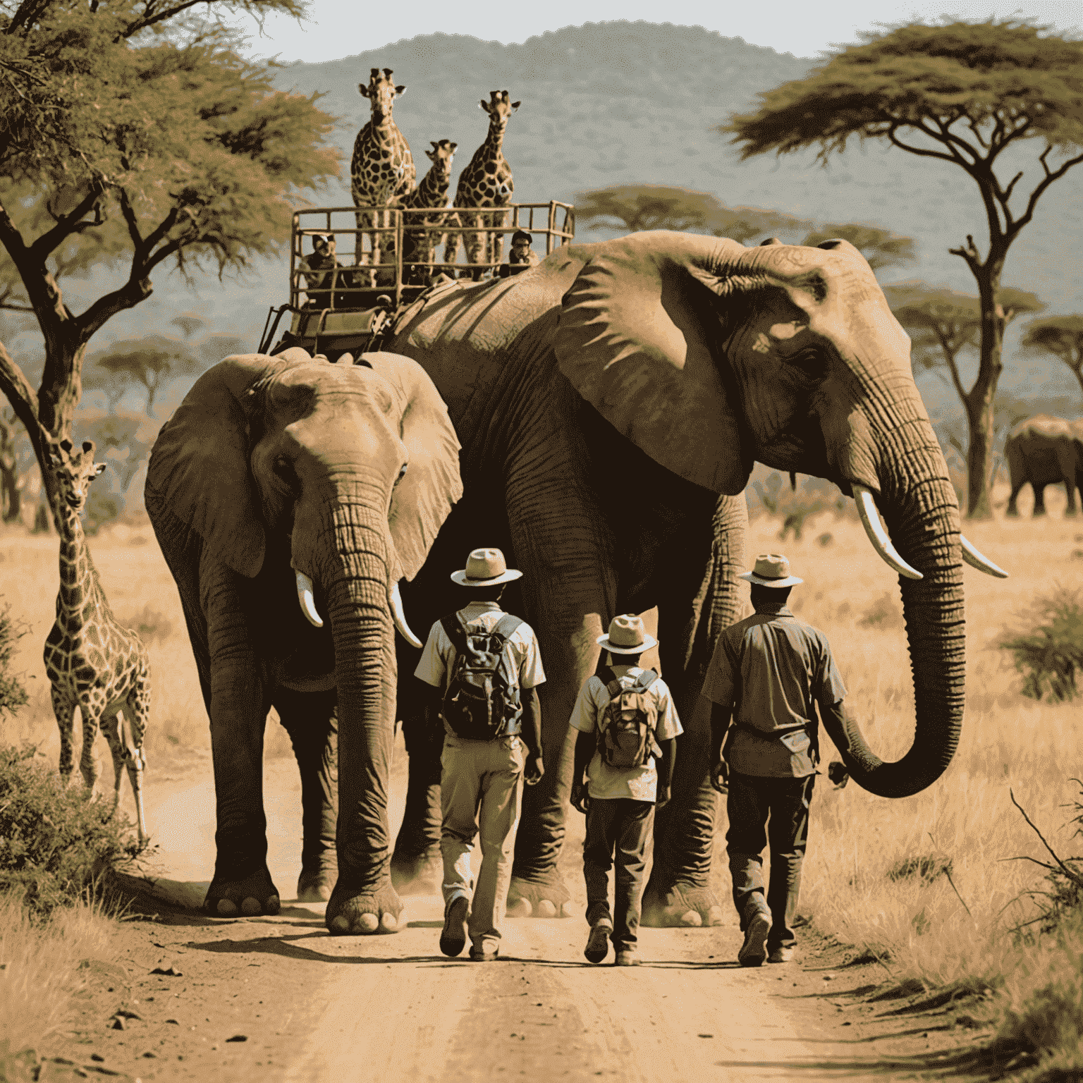 A family on a guided safari tour, observing elephants and giraffes in their natural habitat