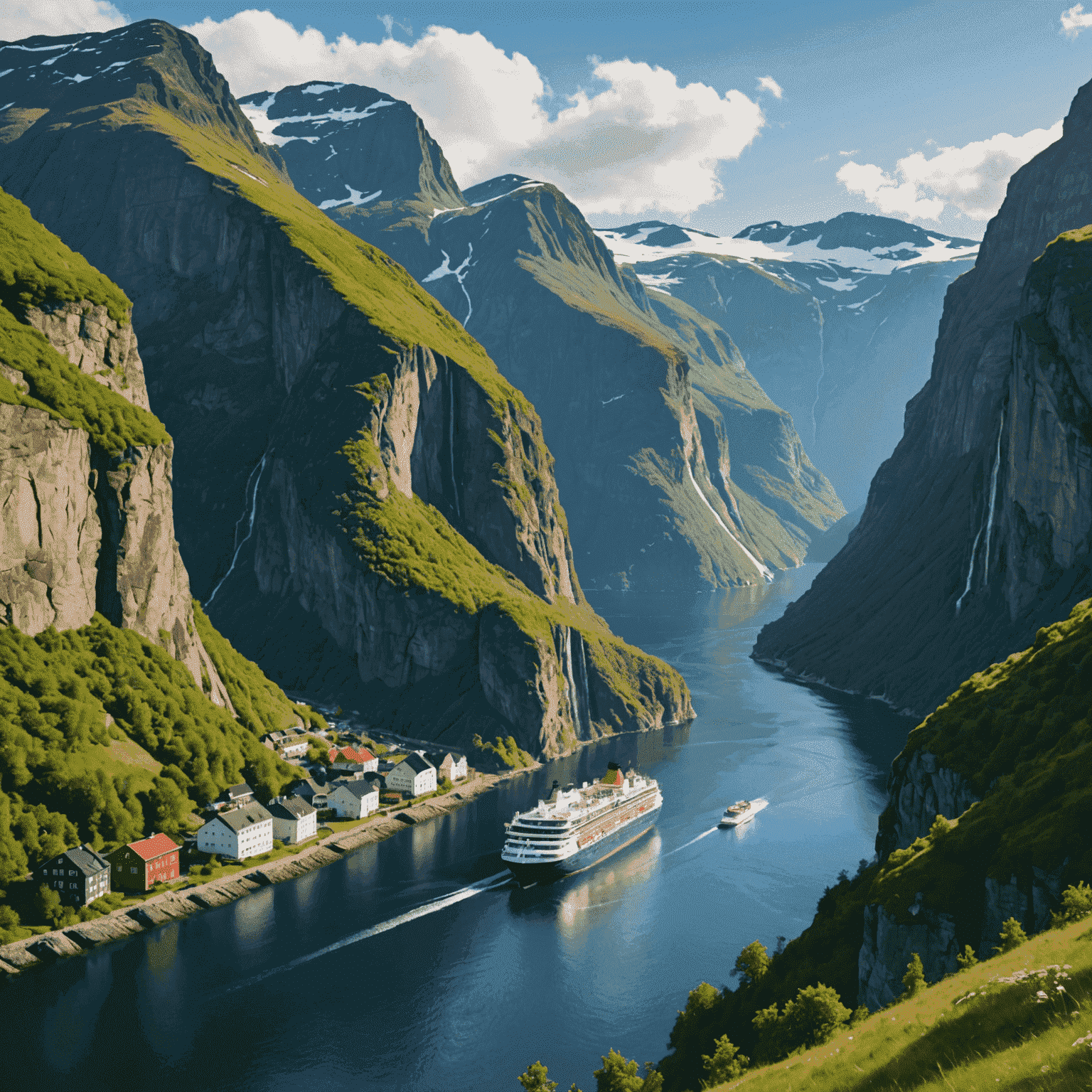 A cruise ship sailing through narrow Norwegian fjords, with towering cliffs on both sides, waterfalls, and quaint coastal villages