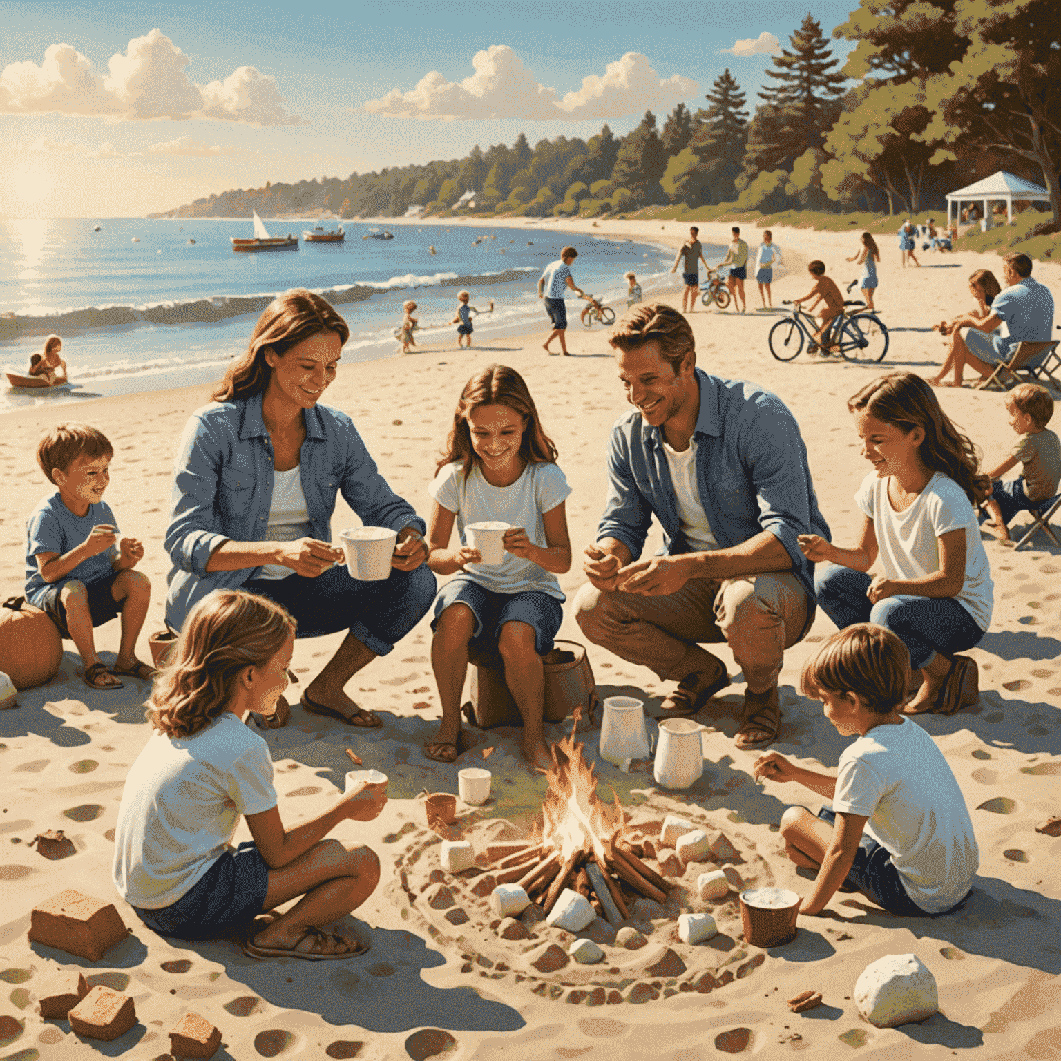 A happy family enjoying various activities: parents and children building sandcastles on a beach, riding bicycles through a park, and gathered around a campfire roasting marshmallows.