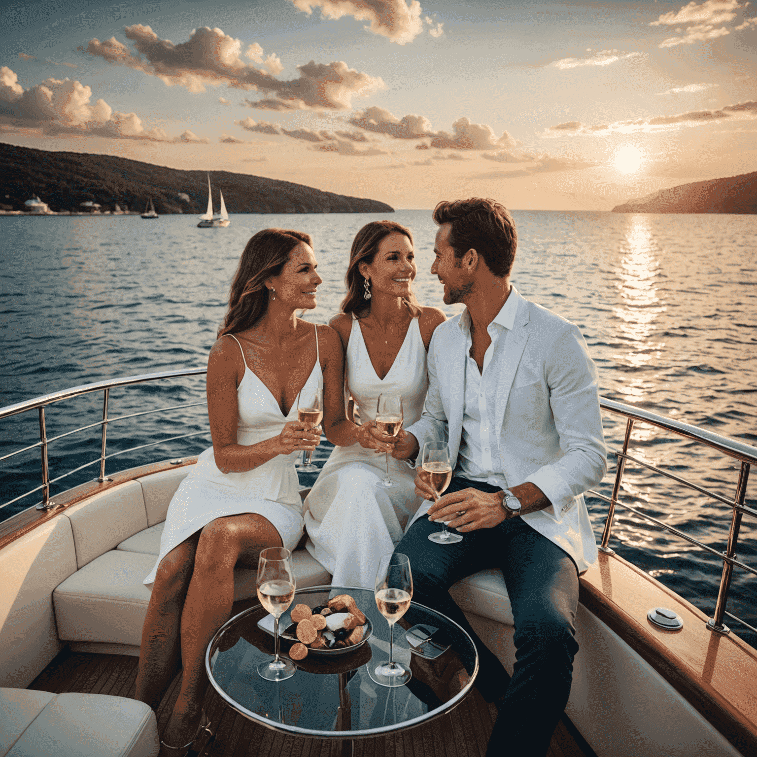 A luxurious yacht sailing on crystal-clear waters, with a couple enjoying champagne on the deck against a backdrop of a stunning sunset.