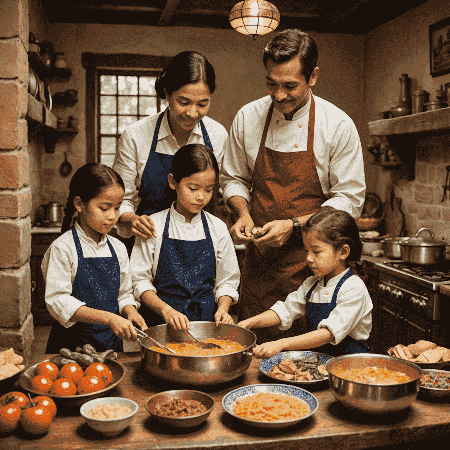 A family participating in various cultural activities like traditional cooking, dance lessons, and visiting historical sites