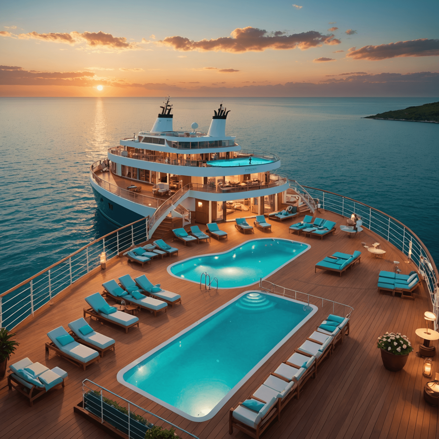 A luxurious cruise ship sailing on calm, turquoise waters with a beautiful sunset in the background. The deck features a pool, lounge areas, and happy passengers enjoying the view.